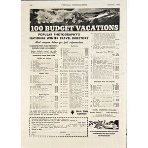 Popular Photography National Travel Directory "100 Budget Vacations" Vtg Ad 1941